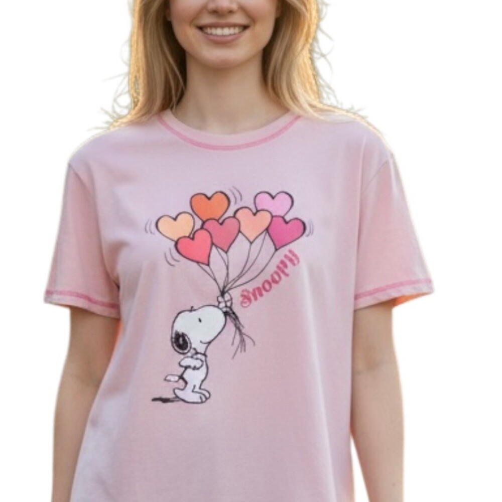 Peanuts Snoopy Heart Balloons Graphic T-Shirt Juniors Size L Pink Crew